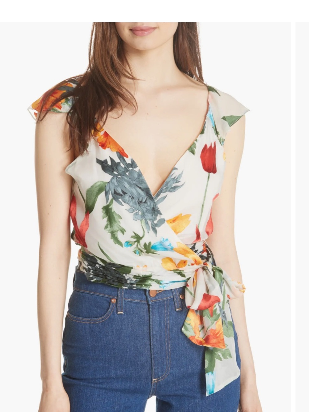 Alice + Olivia White Floral Wrap Blouse with Multicolor Print